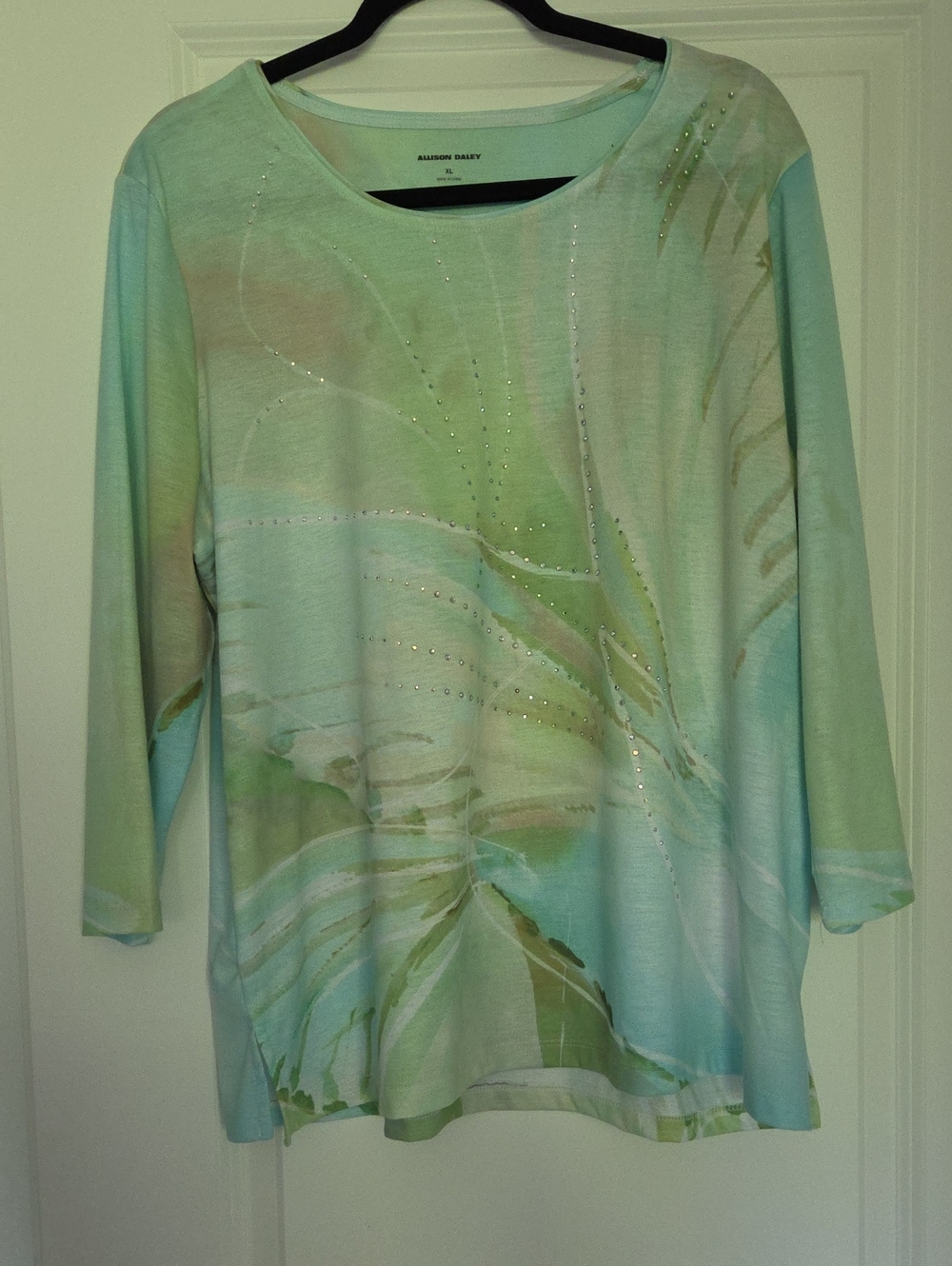 Allison Daley Mint & Pastel Green Watercolor Rhinestone Long-Sleeve Top